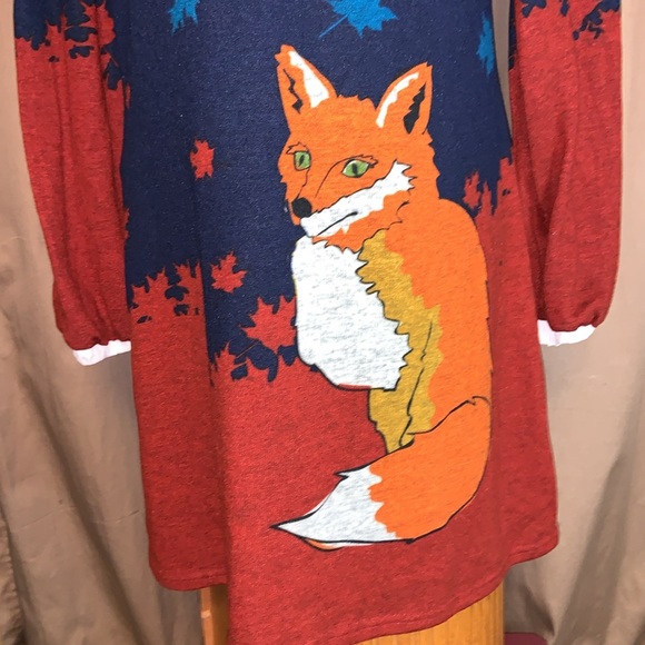 FOX SWEATER DRESS size medium Just Funky dark blue long sleeves Peter Pan collar - Picture 2 of 8